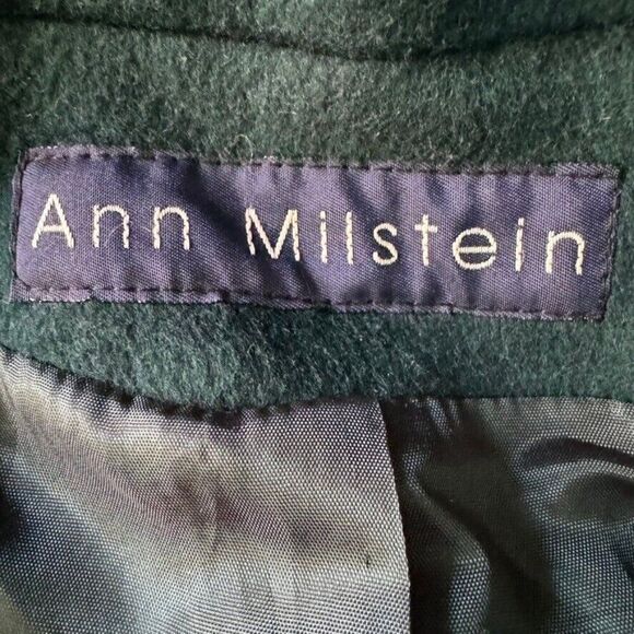 Vintage Ann Milstein Emerald Green Wool Exaggerated Shoulders Trench Coat Sz XL - Picture 2 of 12